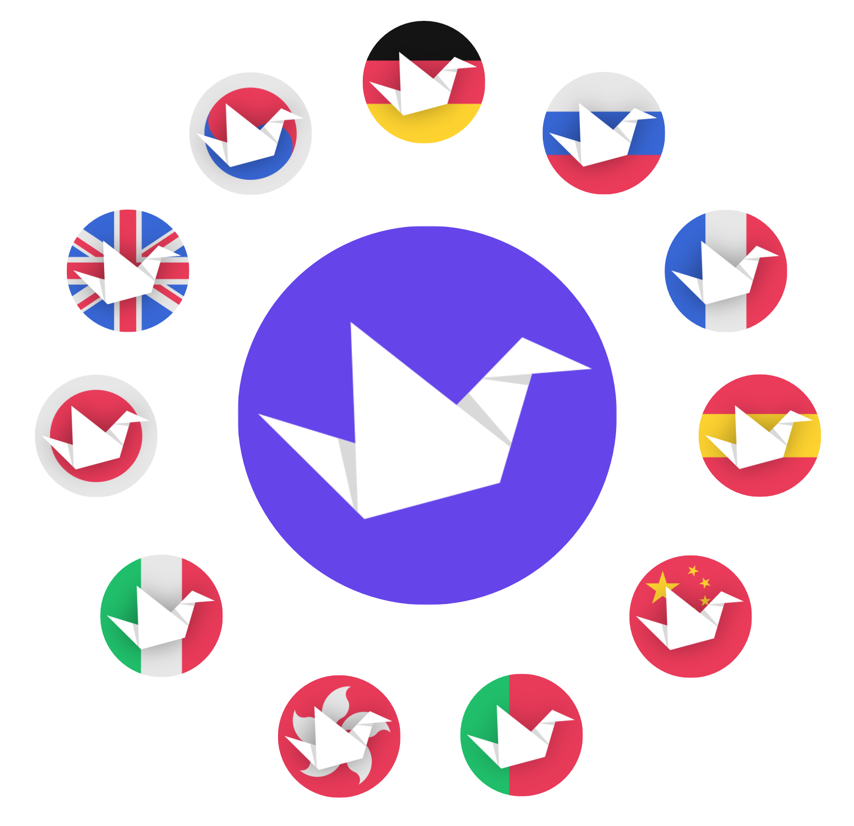 The purple Refold bird logo surrounded by a circle of assorted country flag bird logos.