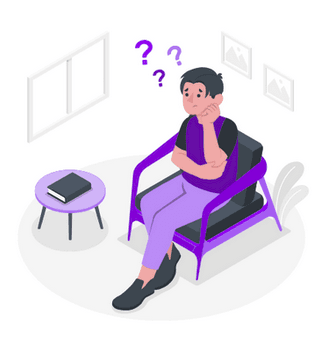Person sitting in chair with question marks above their head