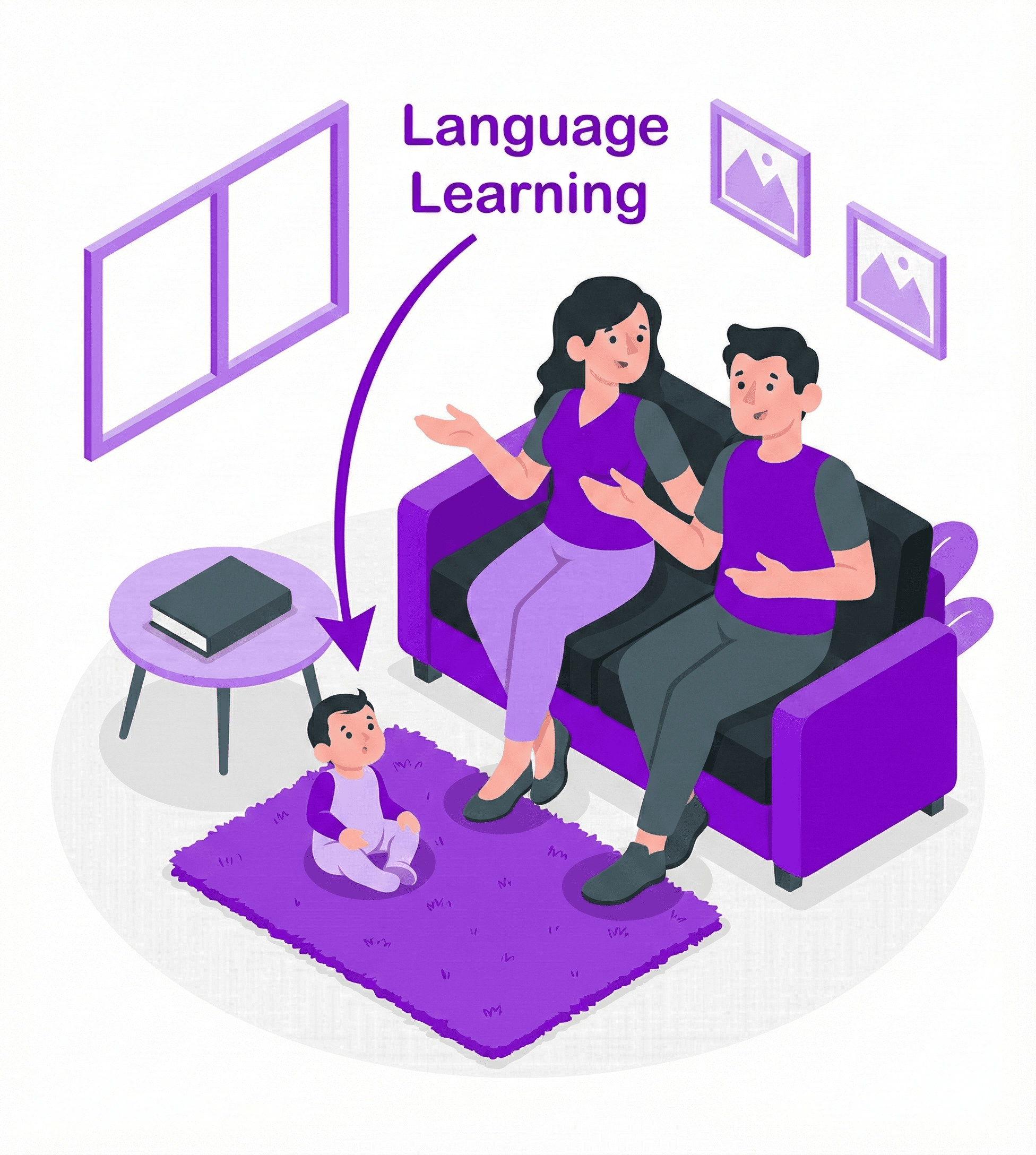 Family with parents talking to a baby, illustrating natural language acquisition