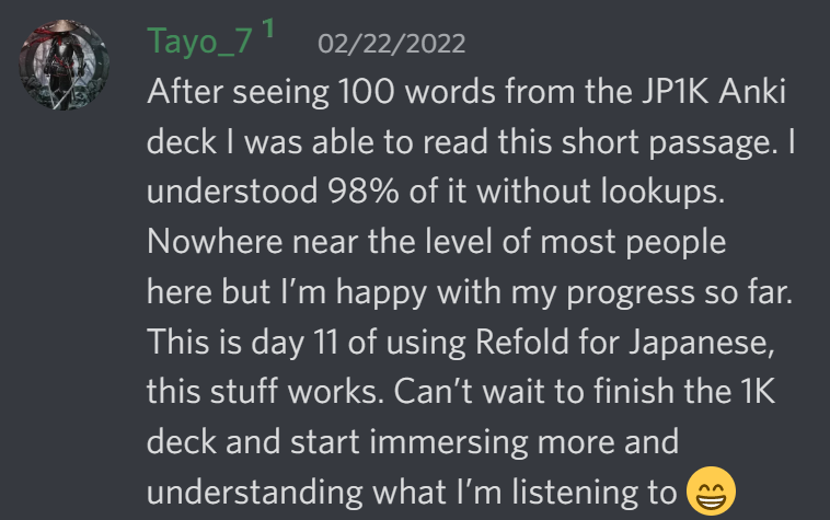 After seeing 100 words from the JP1k Anki deck I was able to read this short passage. I understood 98% of it without lookups. Nowhere near the levell of most people here but I'm happy with my progress so far. This is day 11 of using Refold for Japanese, this stuff works. Can't wait to finish the 1k deck and start immersing more and understanding what I'm listening to :D