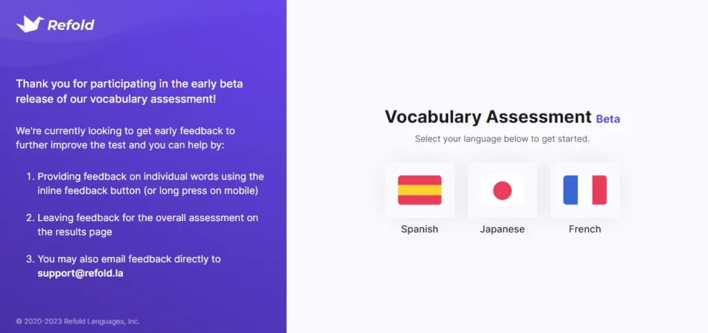 Refold's vocabulary size test for Japanese, Spanish and French.